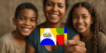 A imagem de uma família feliz, com a mãe no centro segurando o cartão do Bolsa Família e os dois filhos sorrindo.