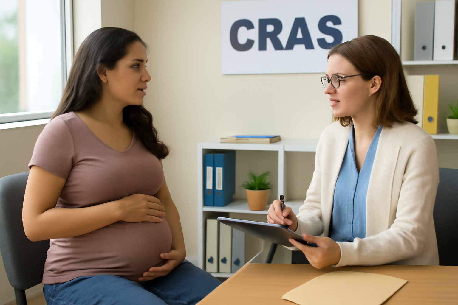 Gestante em conversa com assistente social no CRAS informando gravidez para Bolsa Família