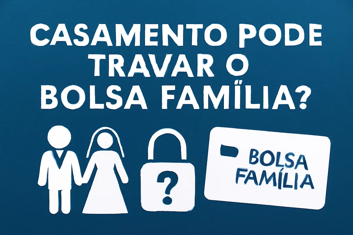 Ícones de casal, cadeado com interrogação e cartão Bolsa Família com texto "Casamento pode travar o Bolsa Família?" em fundo azul.
