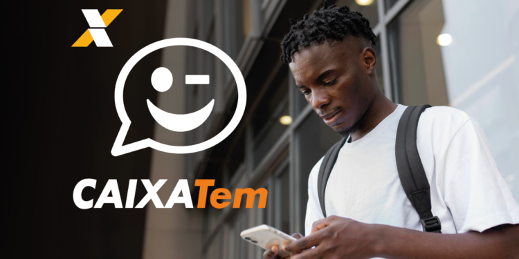 Jovem acessando o aplicativo Caixa Tem no celular com ícone do WhatsApp ao lado.