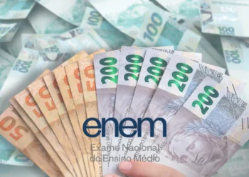 Estudante segurando notas de 50 e 200 reais com fundo de cédulas e logo do ENEM