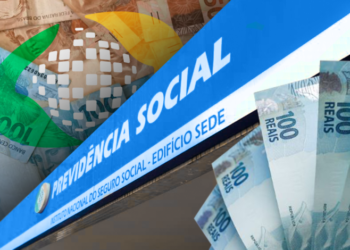 Imagem do Símbolo do INSS com imagens de notas de 100, com o nome previdência social.