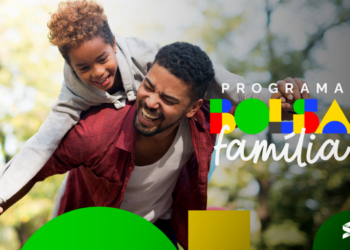 Imagem de uma família feliz com o texto 'Programa Bolsa Família', ilustrando a importância do programa e seu calendário de pagamento para 2025.