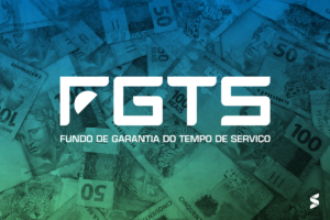 Imagem do logo do FGTS em destaque, com cédulas de R$50 e R$100 ao fundo, representando o saque do FGTS e o benefício financeiro.