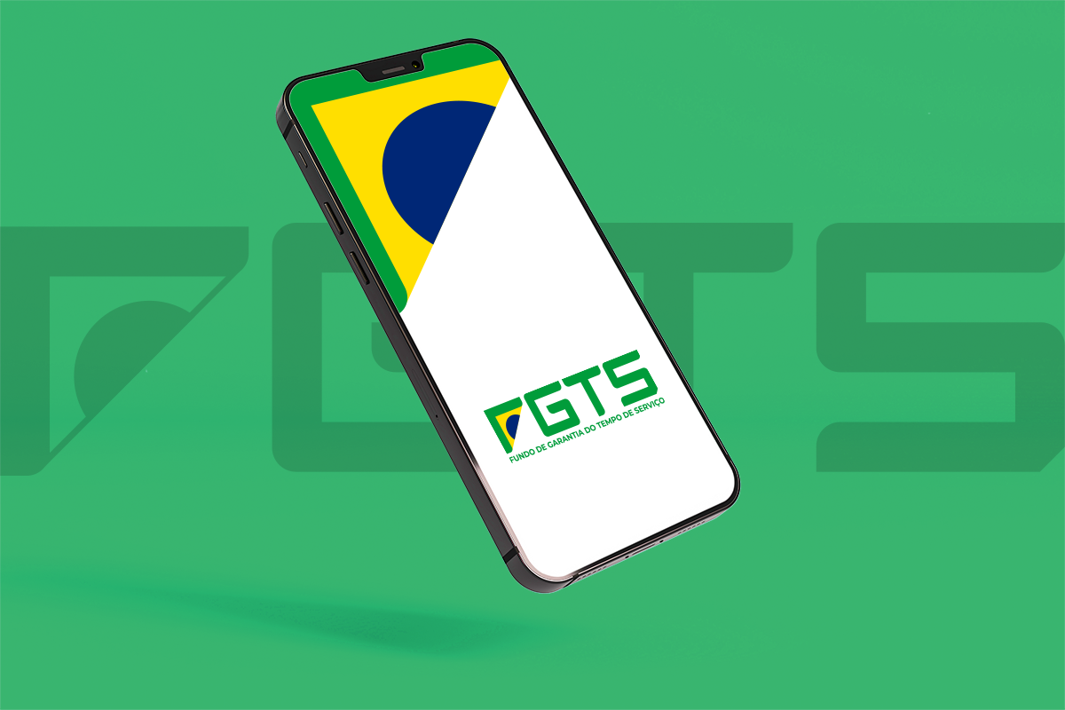 Imagem mostrando um celular com o logo do FGTS e a bandeira do Brasil ao fundo, ilustrando o conceito de antecipação do Saque-Aniversário.