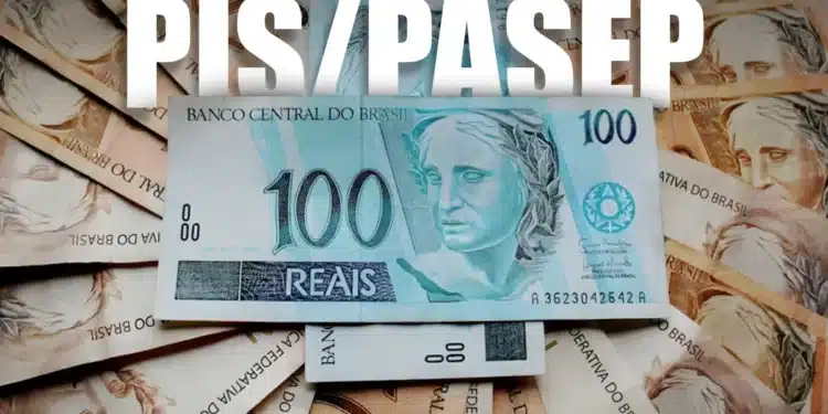 Notas de R$ 100,00 sobrepostas, com o título 'Abono Salarial PIS/Pasep', ilustrando o pagamento do abono em 2025.