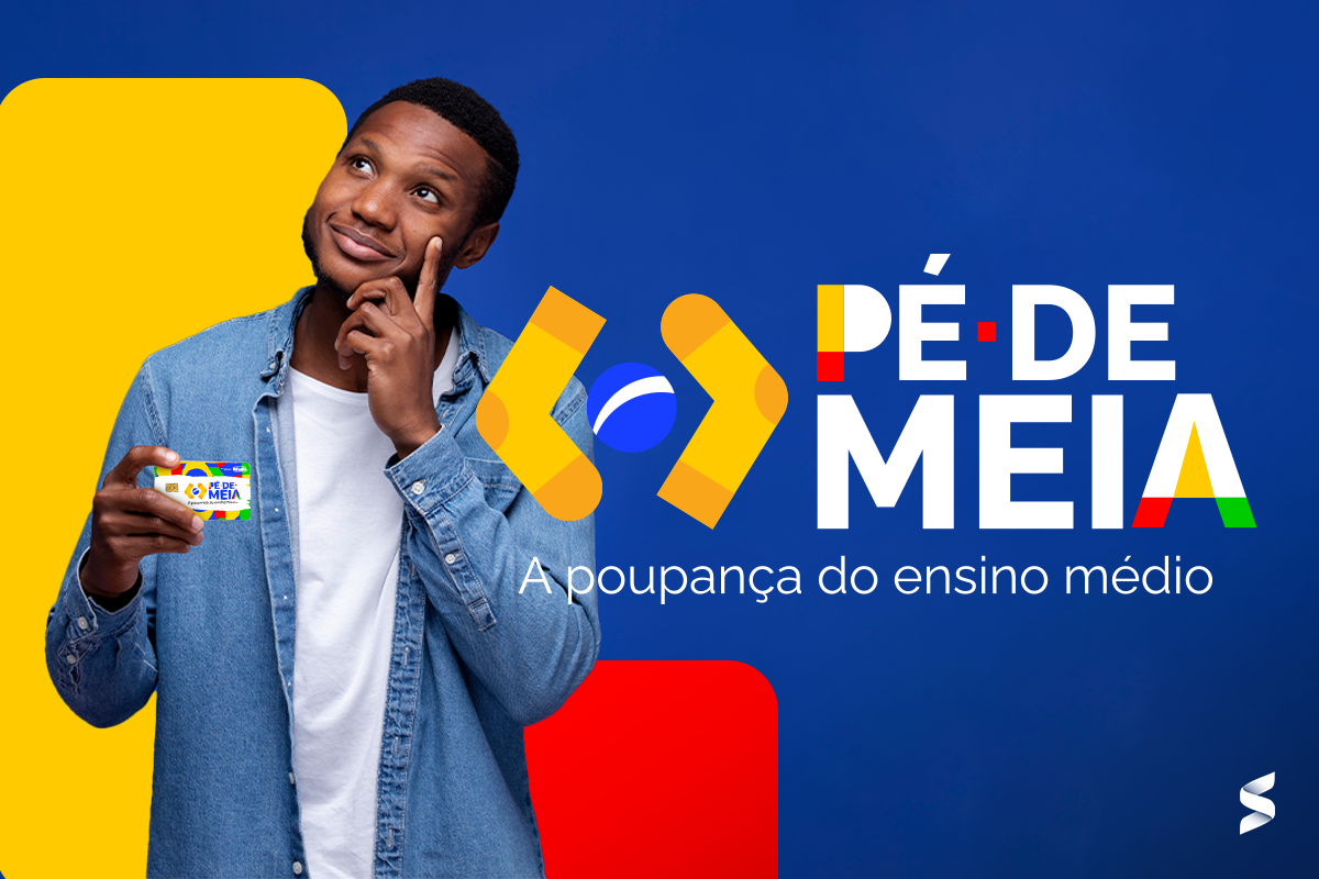 Jovem pensativo segurando um cartão do programa Pé-de-Meia, representando dúvidas sobre os critérios de recebimento dos incentivos.