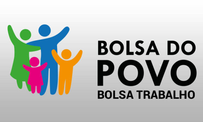 Imagem do programa Bolsa Trabalho, com figuras coloridas representando uma família e o nome 'Bolsa do Povo - Bolsa Trabalho'