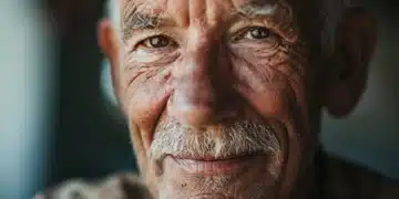 Idoso sorridente com olhar expressivo, representando qualidade de vida na aposentadoria.