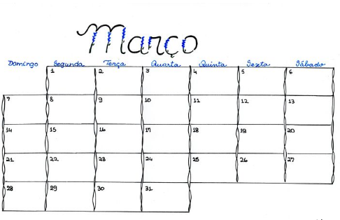  Calendário artesanal do mês de março, desenhado à mão com organização semanal.