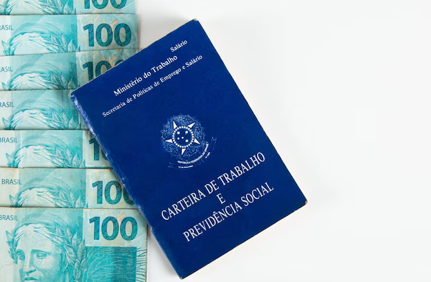 Foto de uma carteira de trabalho e cédulas de 100 reais, representando os documentos e o benefício do seguro-desemprego 2025.