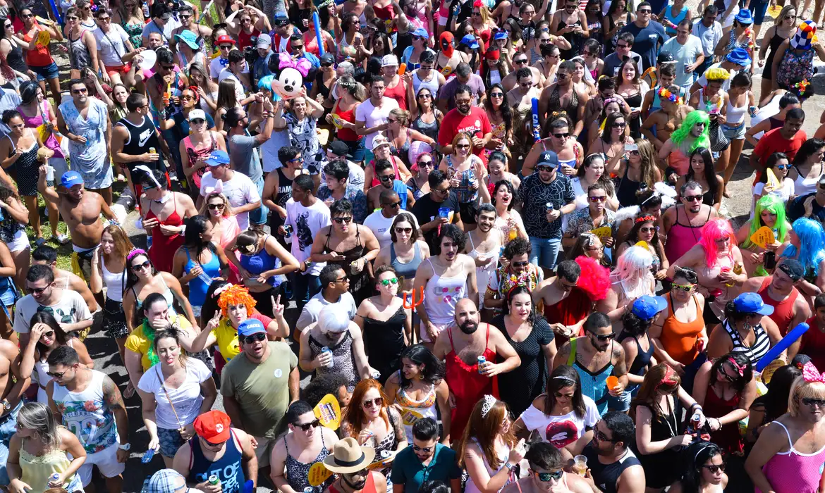  Multidão de foliões fantasiados celebrando o Carnaval ao ar livre.