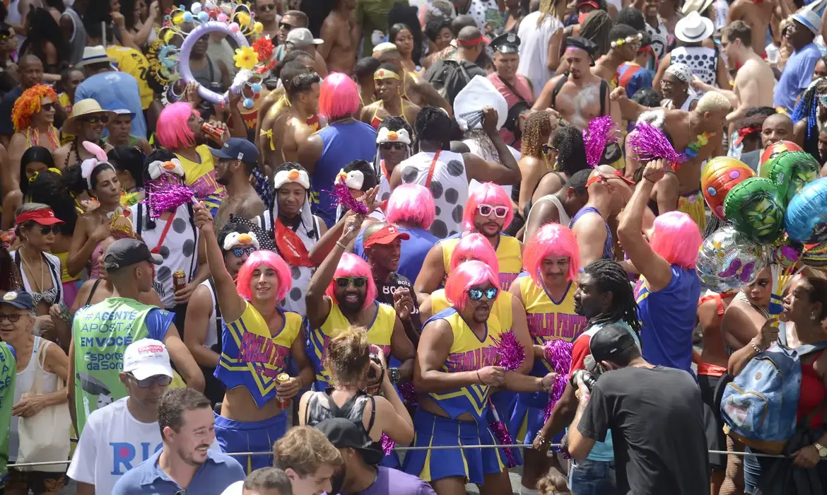 Bloco de foliões fantasiados no Carnaval de 2025, com roupas coloridas e perucas rosas.