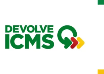 Logotipo do programa Devolve ICMS com design moderno e cores verde, vermelho e amarelo.