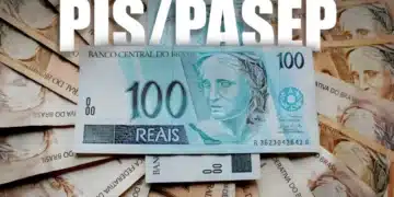 Cédulas de dinheiro brasileiro com destaque para uma nota de 100 reais e o texto "Abono Salarial PIS/PASEP".