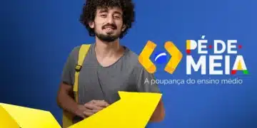 Jovem estudante com mochila amarela representando o programa Pé-de-Meia, iniciativa de incentivo financeiro para alunos do ensino médio.