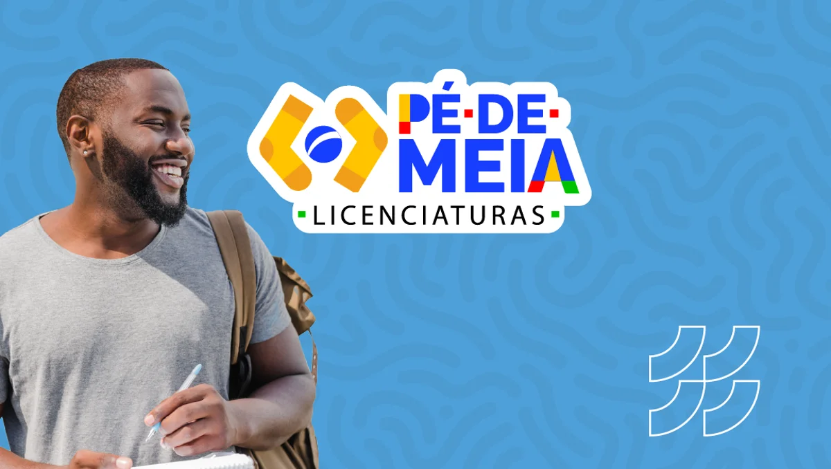 Estudante sorrindo ao lado do logo do programa Pé-de-Meia Licenciaturas, destacando a inscrição para o auxílio educacional.