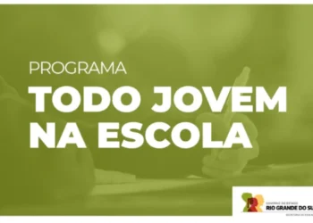 Banner promocional do Programa Todo Jovem na Escola, iniciativa do Governo do Estado do Rio Grande do Sul para incentivar a permanência dos jovens na educação.