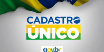 Logotipo do Cadastro Único com a bandeira do Brasil ao fundo e a marca gov.br, representando a plataforma de benefícios sociais.