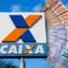 Logotipo da Caixa Econômica Federal com notas de R$ 200 e R$ 50 ao fundo