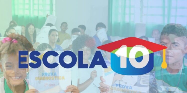 Banner oficial do programa Cartão Escola 10 com estudantes ao fundo.