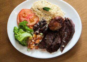 Prato de comida com carne, salada, farofa e legumes, representando o benefício do Cartão Alimentação.