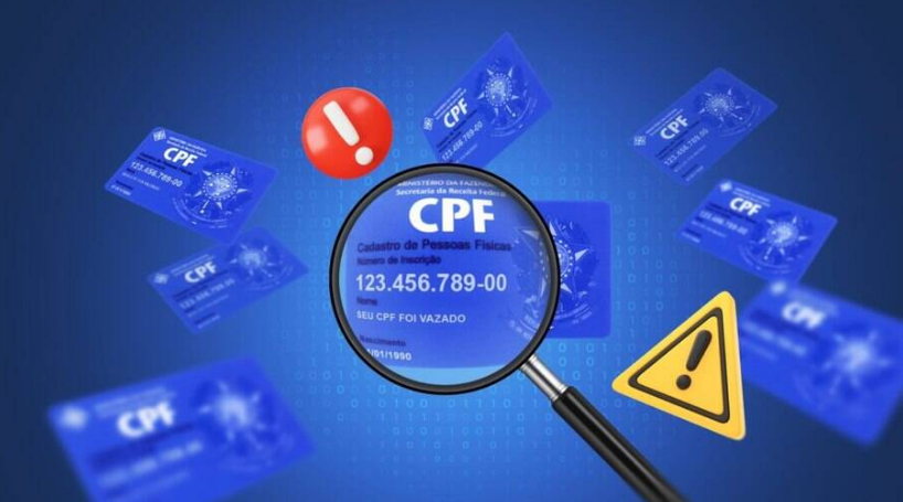 Vários cartões de CPF flutuando, com um grande foco em um cartão com a mensagem 'Seu CPF foi vazado