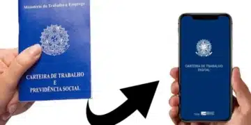 Imagem comparando a versão física da carteira de trabalho com a versão digital no celular, com foco no empréstimo consignado CLT.