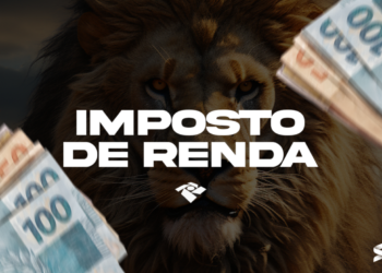 Imagem com um leão ao fundo e dinheiro espalhado em primeiro plano, com a frase "Imposto de Renda" ao centro. Representação visual da tributação no Brasil.