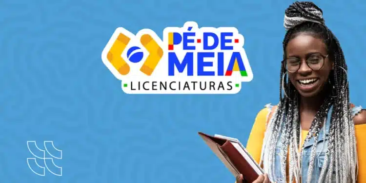 Logo do programa Pé-de-Meia Licenciaturas com uma estudante sorrindo, segurando livros.
