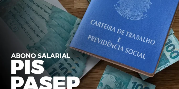 Carteira de trabalho com notas de R$ 100 e o título "Abono Salarial PIS/Pasep", simbolizando o pagamento do benefício.