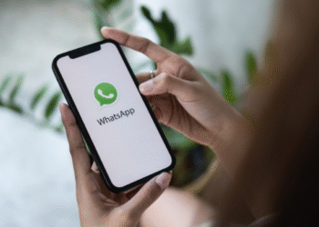 Imagem mostrando a tela inicial do WhatsApp com o logo do aplicativo, destacando a funcionalidade de consulta ao Bolsa Família.