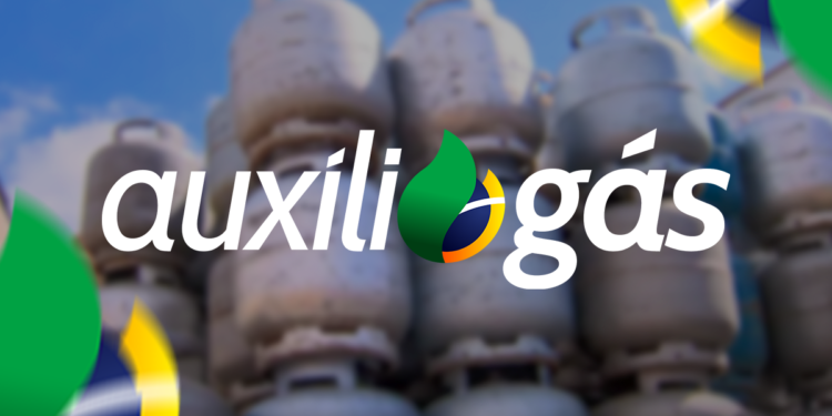 Logo do Auxílio-Gás sobre uma pilha de botijões de gás, destacando a ajuda para as famílias de baixa renda.