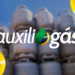 Logo do Auxílio-Gás sobre uma pilha de botijões de gás, destacando a ajuda para as famílias de baixa renda.