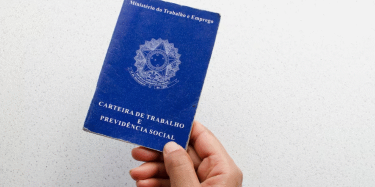 Pessoa segurando a Carteira de Trabalho e Previdência Social azul do Brasil