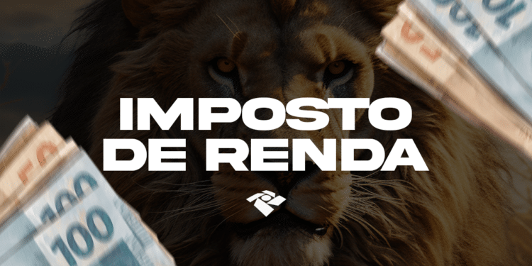 Leão do Imposto de Renda com cédulas de real simbolizando a restituição em 2025