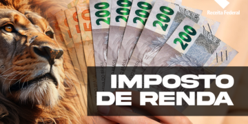 Imagem ilustrativa sobre o Imposto de Renda 2025, com notas de R$ 200 e o leão símbolo da Receita Federal.