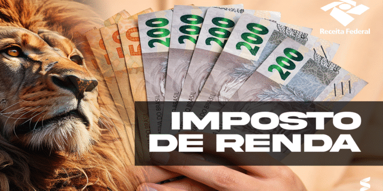 Montagem com leão, cédulas de real e logotipo da Receita Federal representando o Imposto de Renda