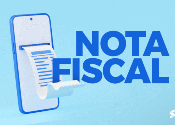 Ícone de celular imprimindo nota fiscal digital em fundo azul