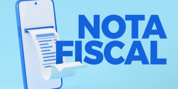 Ícone de celular imprimindo nota fiscal digital em fundo azul