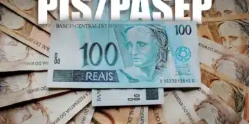Notas de 100 reais e fundo PIS/Pasep ilustrando o pagamento do benefício no Brasil.