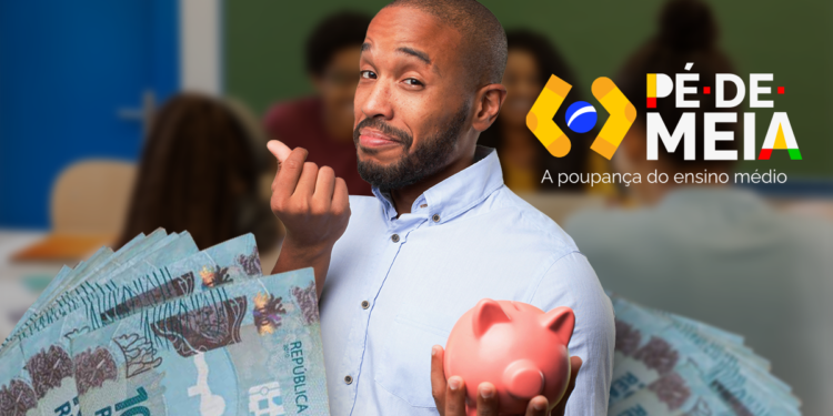 Imagem do programa Pé-de-Meia com estudante, dinheiro e cofrinho, representando o incentivo financeiro para estudantes do ensino médio.