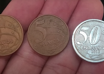 "As 3 moedas mais valiosas do real: 5 centavos de 2006, 5 centavos de 2005 e 50 centavos de 2012 (moeda híbrida).