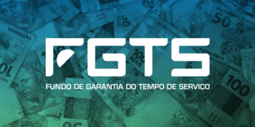 Imagem ilustrativa com o logo do FGTS sobre cédulas de real, representando acesso ao crédito via Fundo de Garantia.