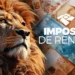 Leão com notas de dinheiro, representando o Imposto de Renda, com o logo da Receita Federal.