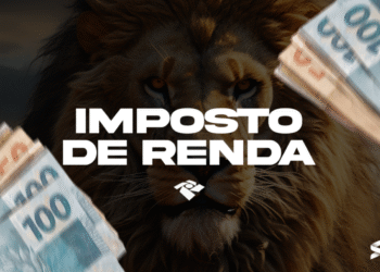 Imagem com um leão e notas de dinheiro, destacando o tema Imposto de Renda 2025 e os rendimentos a serem declarados.