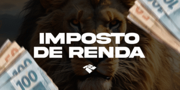 Imagem com um leão e notas de dinheiro, destacando o tema Imposto de Renda 2025 e os rendimentos a serem declarados.