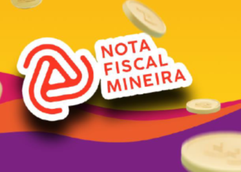 Logo do programa Nota Fiscal Mineira com moedas caindo, destacando a promoção do sorteio de R$ 100 mil.
