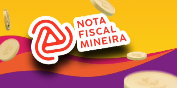 Logo do programa Nota Fiscal Mineira com moedas caindo, destacando a promoção do sorteio de R$ 100 mil.