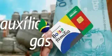 Imagem representando o Auxílio Gás e o Bolsa Família, com um cartão do programa em primeiro plano, sobreposto a notas de dinheiro e cilindros de gás.